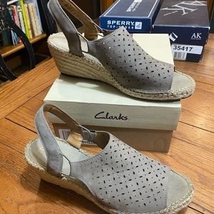 Clarks Taupe Suede Leather Wedge Sandals